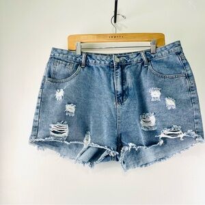 Plus Size 2x Blue High-Waisted Jean Shorts with Distressed Details